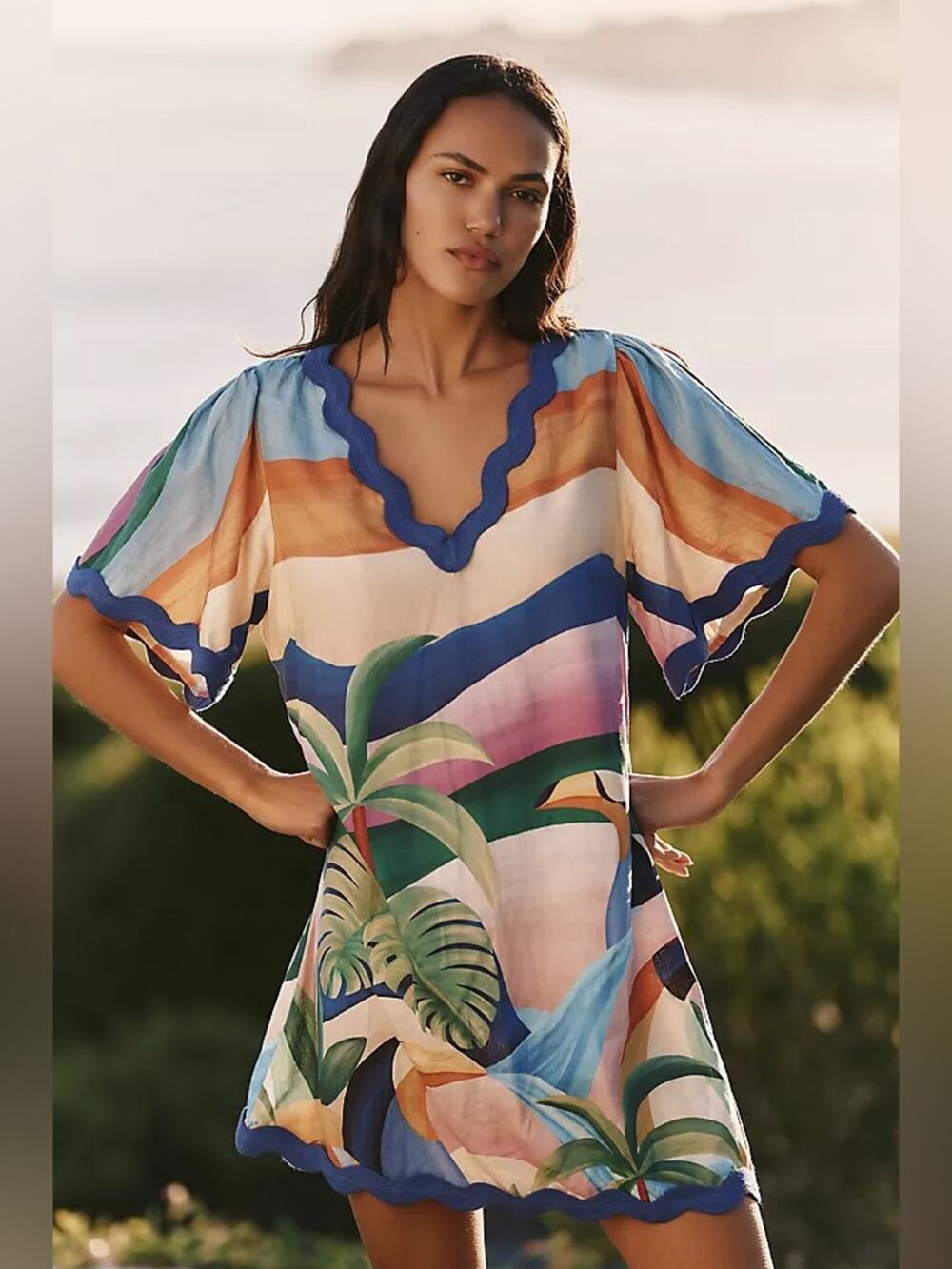 Farm Rio x Anthropologie Linen Blend Scalloped Mini Dress